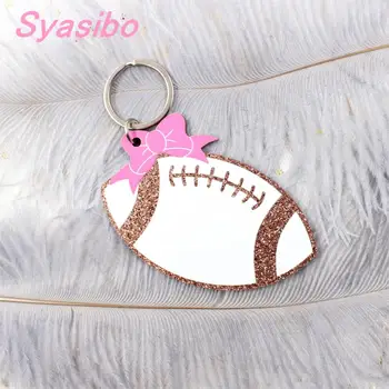 

76mm Acrylic Football Keychain Glitter Rugby Monagram Keychain With Ring Mom Gift Laser Cutout-KC030