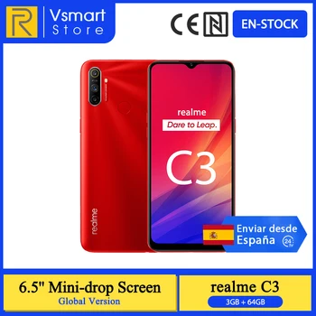 Перейти на Алиэкспресс и купить В наличии глобальная версия Realme C3 смартфон, 3 Гб оперативной памяти, 64 ГБ 6,5 ''мини-капля Экран 12MP тройной Rear Cam Helio G70 мобильный телефон 5000 мАч