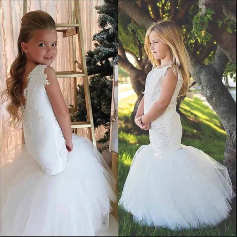 87White Mermaid Flower Girls Dresses for Wedding Party Trumpet Kids Little Girl Pageant Communion Dresses Cute robe fille mariage