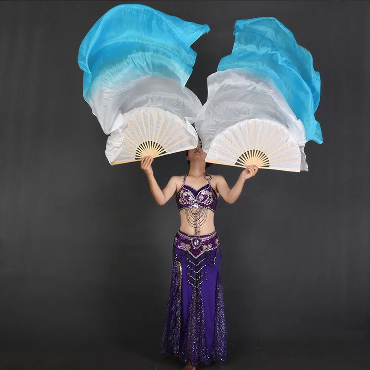 1 Pair 70"x35" Belly Dance Silk Fan Veils White Royal Blue Horizontal Gradient Bamboo Long Fans Veil For Women Kids Wholesale - Цвет: as picture