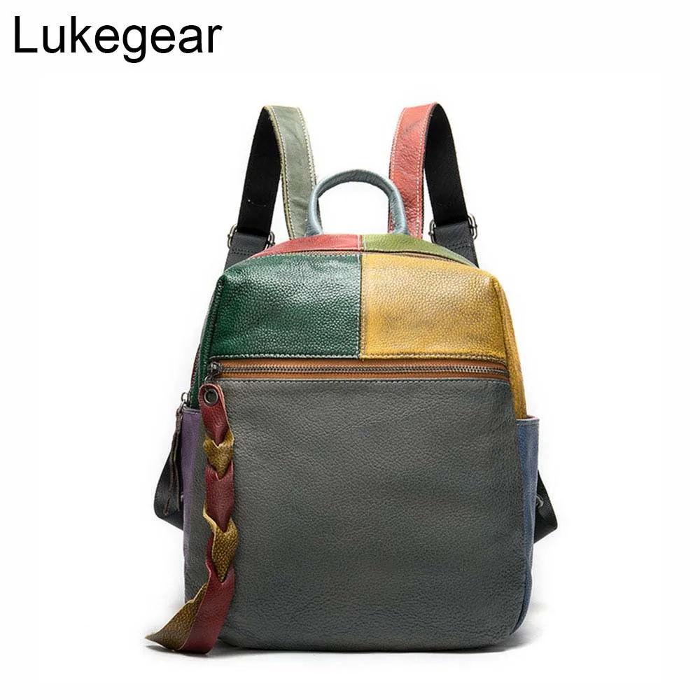 Lukegear коровья кожа рюкзак для женщин смешанные цвета Backbags большой емкости высокое качество сумки роскошные дизайнерские