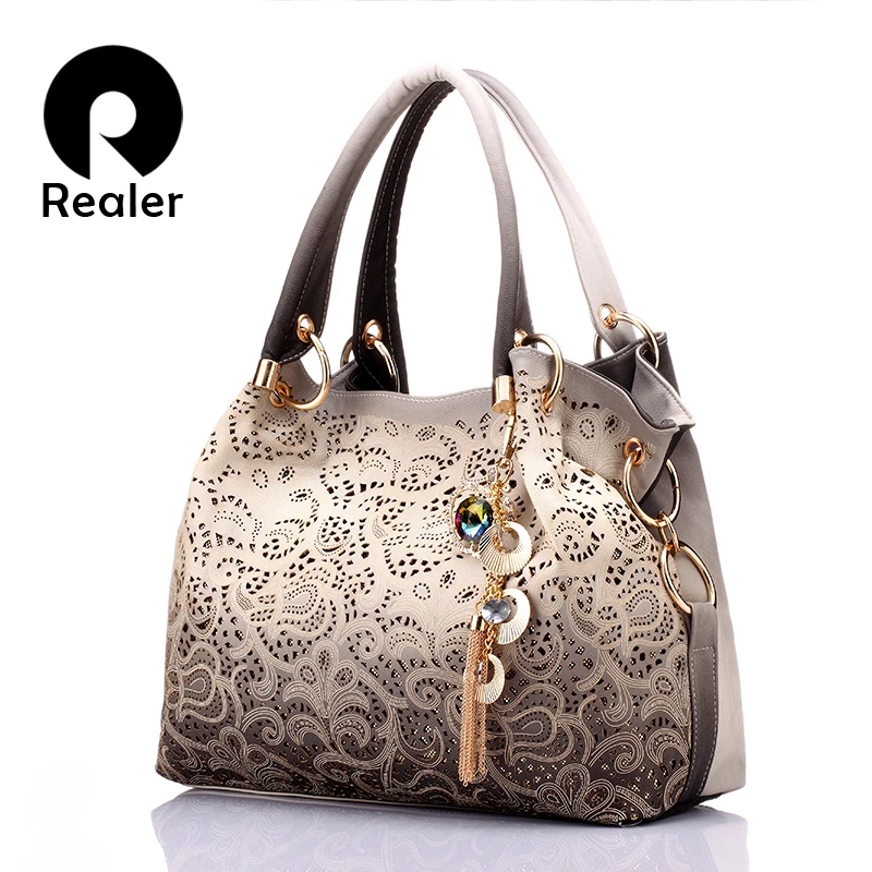 cheap REALER women handbags hollow out ombre floral print shoulder crossbody bags ladies pu leather totes fashion messenger bag female