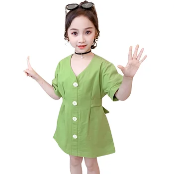 

Summer Dress For Girls V Neck Party Girl Dress Casual Style Kid Dress Solid Color Cloths For Girls 6 8 10 12 14