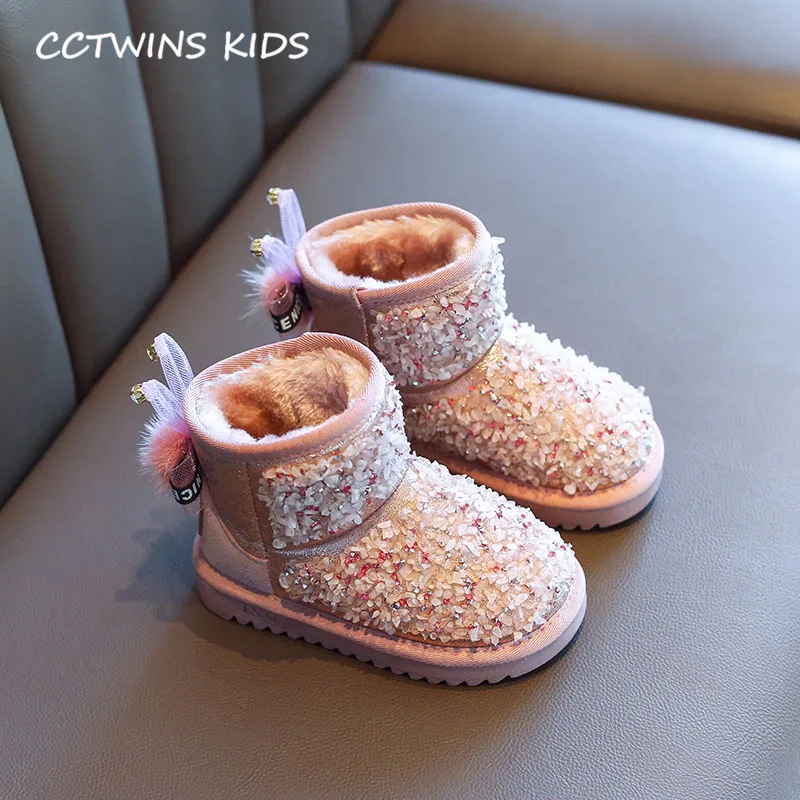 Розовый CCTWINS обувь для детей зимние детские модные зимние ботинки для детей Ботильоны со стразами для девочек; брендовая теплая обувь черного цвета SNB052 - Цвет: Розовый