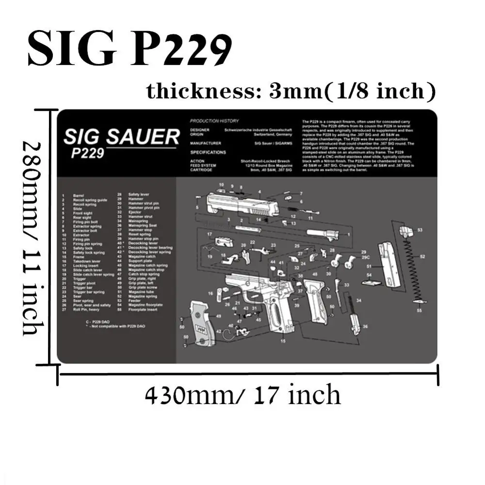 Водостойкий пистолет резиновый коврик для чистки Glock 1911 Beretta HK USP SIG P226 AR15 AK47 Remington с армирующими частями список коврик для верстака - Цвет: Sig Sauer P229