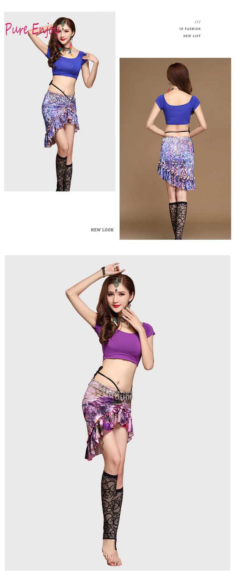 Танец живота Женщины Печатные Сетки Полиэстер Bellydance Set Dress Женщины Костюм Танец Живота 11 цветов Сексуальная рубашка с коротким рукавом юбка