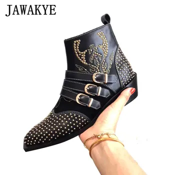 

Rivets Studded genuine Leather Buckle strap Ankle Boots Women Kitten Heels Chelsea short Martin botas pointed toe 2020