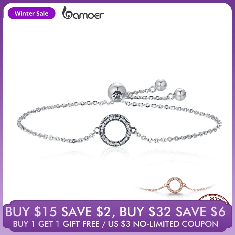 

BAMOER Trendy 925 Sterling Silver Glittering Round Circle Chain Link Strand Bracelets for Women Sterling Silver Jewelry SCB030