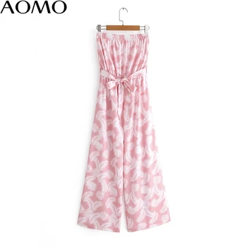 

AOMO fashion Women summer feather print pink long jumpsuit strapless female casual Jumpsuit with slash 1F160A