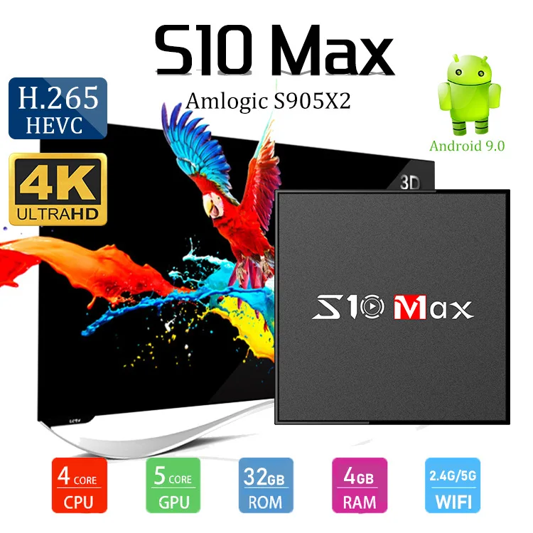 S10 Max Android 9.0 Smart TV BOX 4GB/32 GB TV BOX Amlogic S905X2 H.265 4K 5.8GHz Netflix Youtube WiFi Media Player Set Top Box