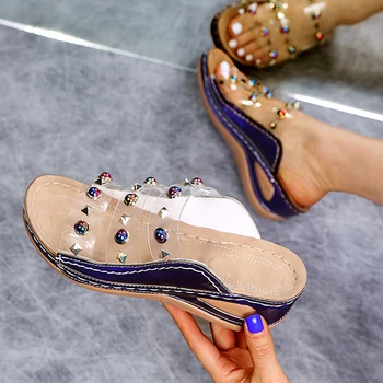 

Summer Fashion Crystal Diamond Slides Clear PVC Transparent Slippers Women Shoes Peep Toe High Heels Mules Dress Pumps