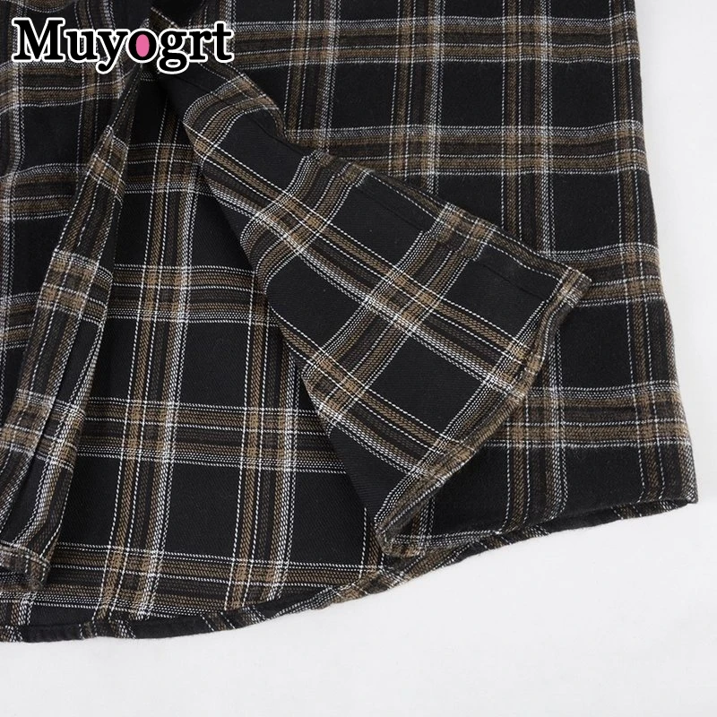 Muyogrt Women Shirt Plaid Oversized Brown Top Turn-down Collar Leisure Fashion Loose All-match Long Sleeves Soft Chic Korean Top