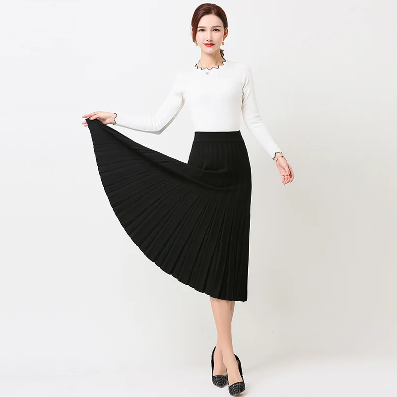 Женская плиссированная юбка вязанная осенне-зимняя простая Стильная однотонная юбка с высокой талией Женская трикотажная юбка Falda хорошего качества LS214 - Цвет: Black