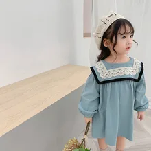 Новая Осенняя детская одежда в Корейском стиле льняное платье для маленьких девочек платья принцессы с кружевным воротником для маленьких детей