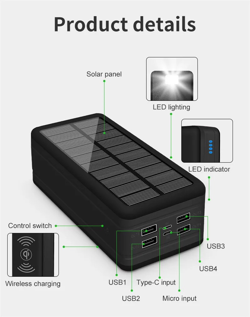 Solar Power Bank 99000mAh Wireless Charger with Camping Light Emergency SOS Portable External Battery Fast Charging power bank 50000mah