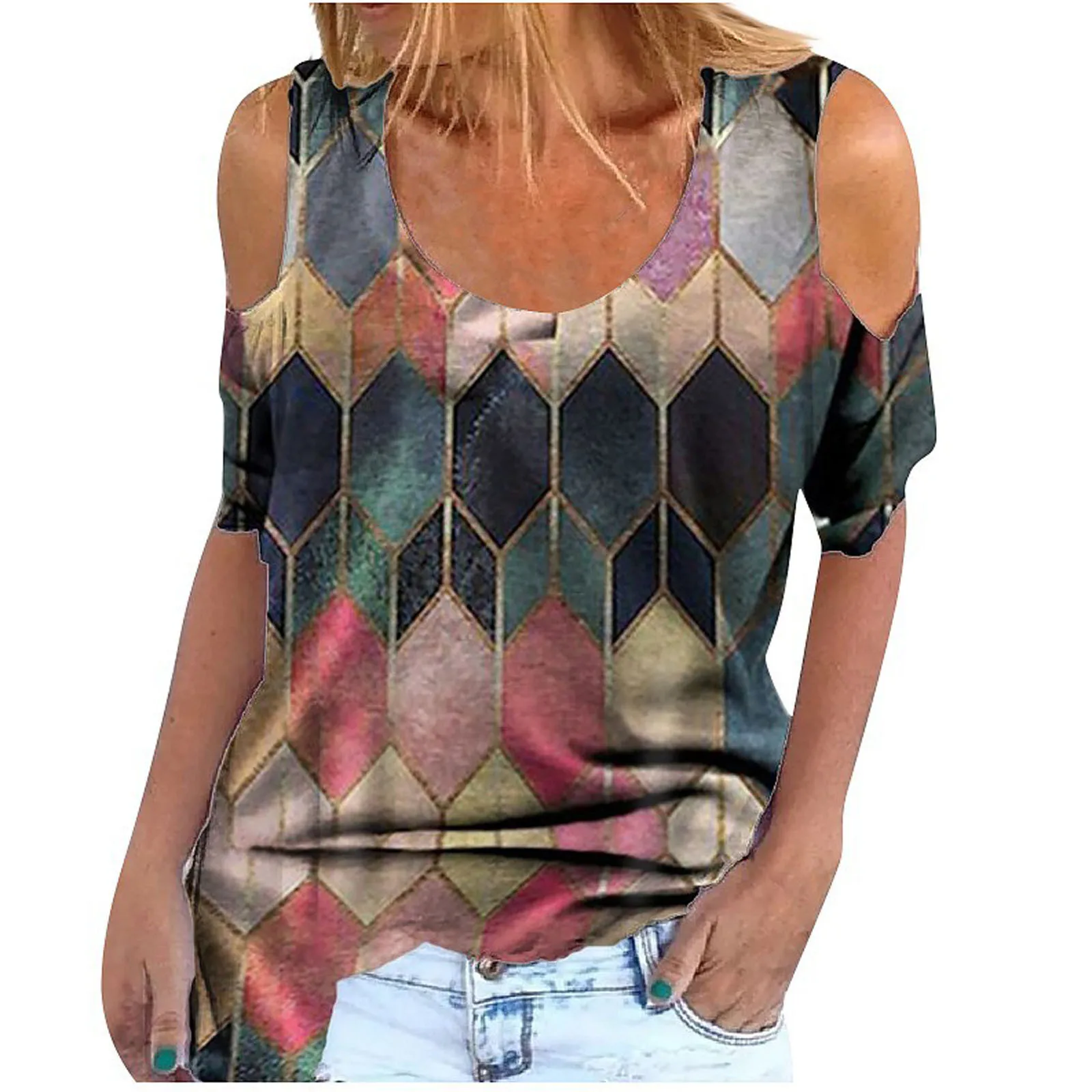 Fashion Tops Woman Plus Size O-neck Summer Short Sleeve Shirts Strapless Prints Tops Loose T-shirt Daily Camisetas De Mujer 2021 1