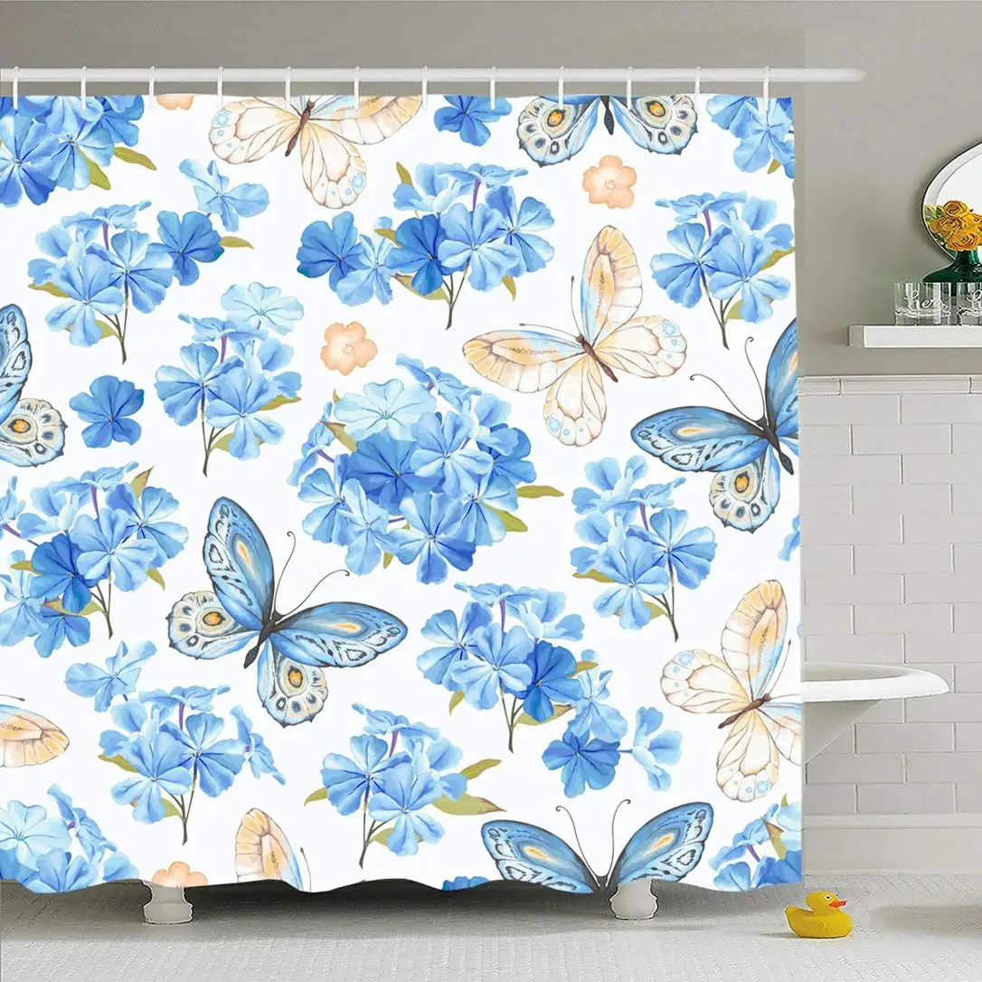 

Shower Curtain Set with Hooks 60x72 Pattern On Print with Plant Beige Flowers Phlox Twig Butterflies Garden Blue Nature Vintage