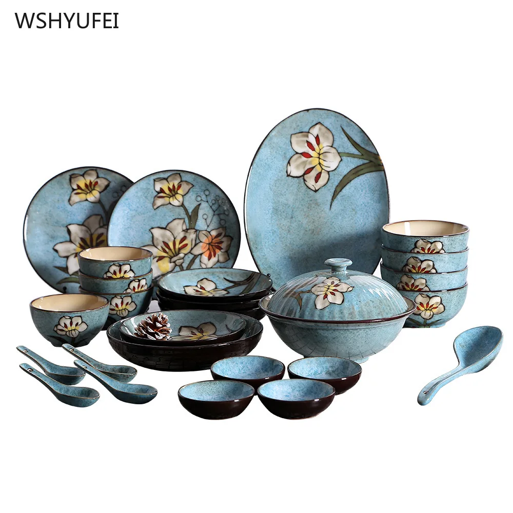 1 шт., набор синих столовых приборов с искусственным цветком, ручная роспись, домашняя керамическая тарелка, Западный стейк, салат, десерт, торт, тарелка для суши