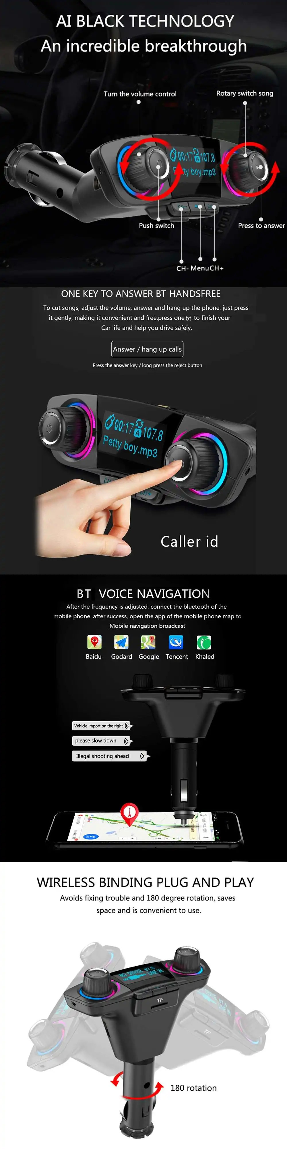 Bakeey Авто MP3 музыкальный плеер Bluetooth-4.0 ресивер FM-передатчик fm модулятор громкой связи Двойной Зарядное устройство USB с U диск/TF карты