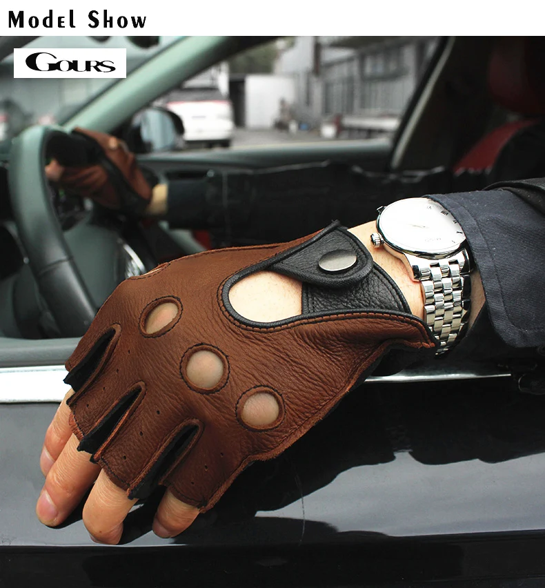 Gours Spring Men's Genuine Leather Gloves Driving Unlined 100% Deerskin Half Fingerless Gloves Fingerless Fitness Gloves GSM046L