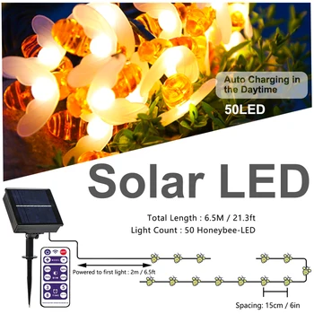 

50 LED 10M Simulation Honey Bees Solar Power String Lamp Fairy Lights Battery Garlands Garden Christmas Decor Outdoor