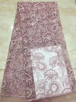 

(5yards/pc) High quality dusky pink African tulle lace fabric with sequins embroidered French net lace for party dress FZZ677