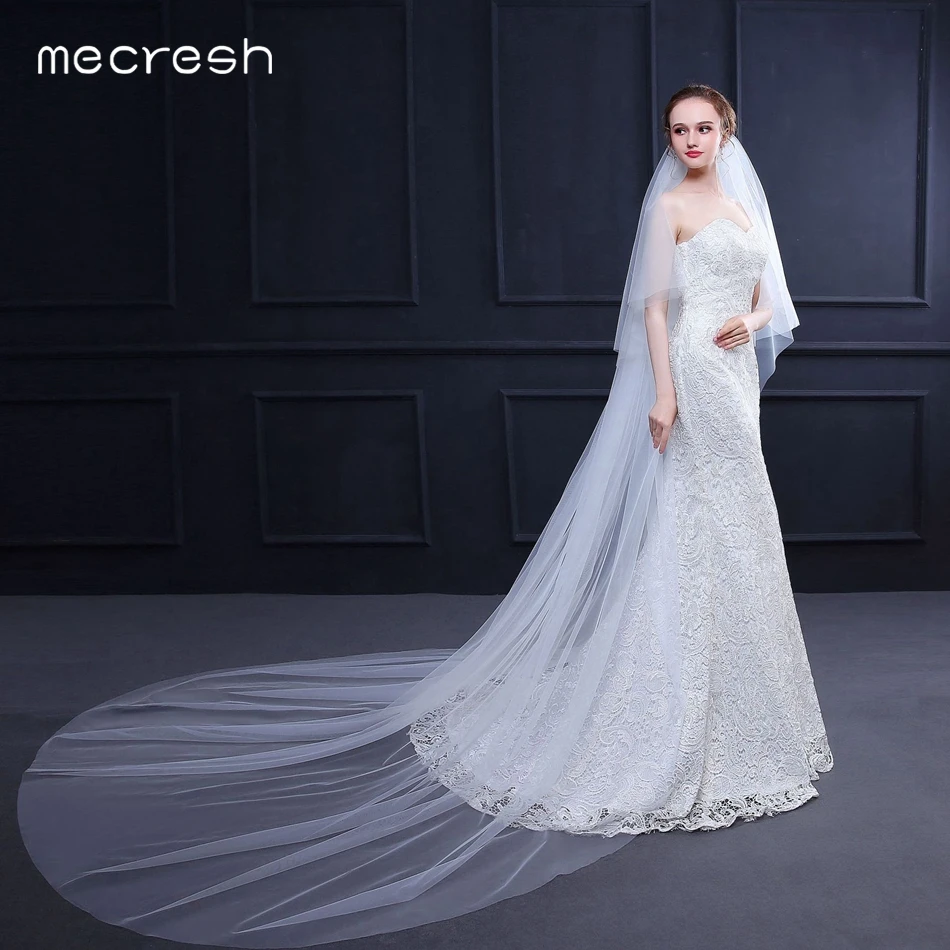 Mecresh, простая, двухслойная, длина до пола, длинная, для собора, свадебная вуаль с гребнем, чистый бежевый, белый цвет, фата для невесты, румяна, 3M, VTS023