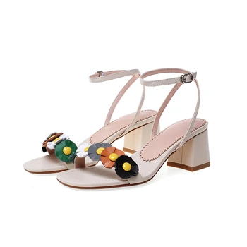 

Genuine Leather flower Women Sandals Brand high Heels Party Office Lady Basic Shoes woman beige yellow girl's shoes