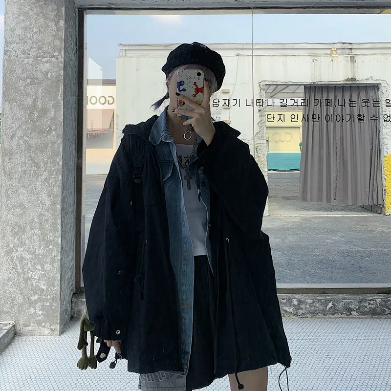 Neploe Harajuku джинсовая Лоскутная куртка на молнии, Двухслойное пальто большого размера с воротником, уличная одежда, имитация двух частей, куртки унисекс 55665