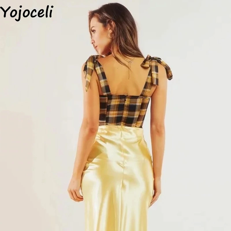 Yojoceli, сексуальный клетчатый укороченный топ с бантом, женский летний Классный Элегантный пляжный Повседневный Топ, майки, повседневные милые модные топы для женщин