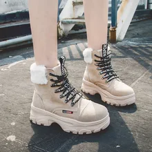 WDHKUN женские зимние ботинки на плоской подошве; зимние ботинки со шнуровкой размера плюс на платформе; женская теплая обувь из ткани флок, меховые Для женщин замшевые ботильоны для женщин