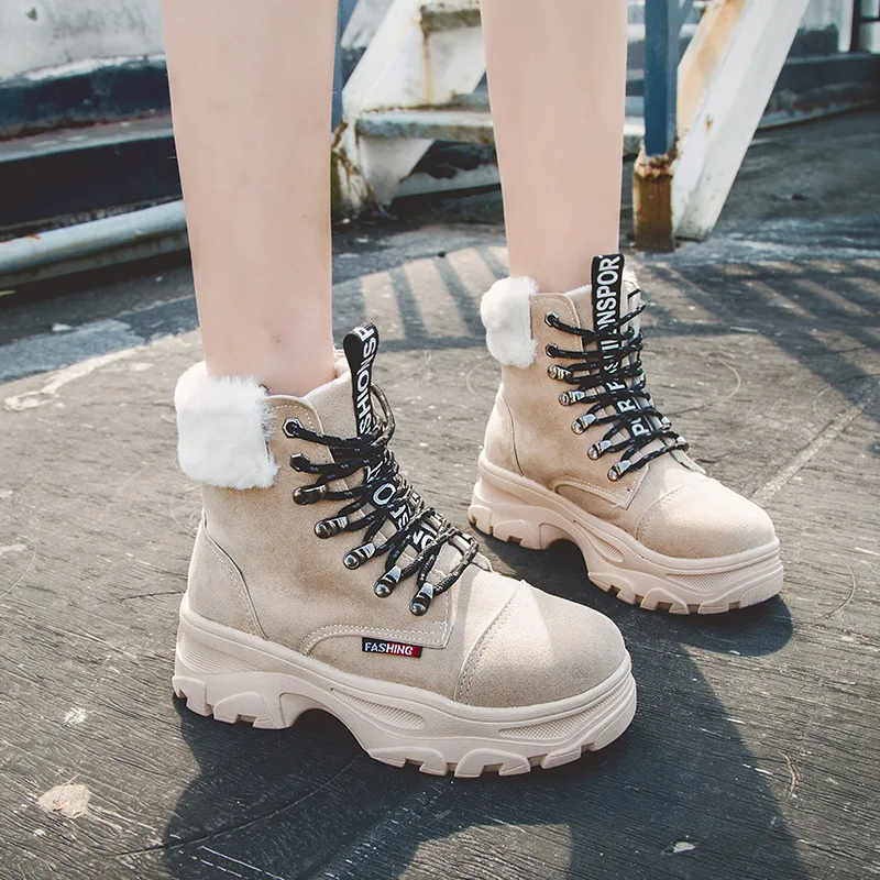 

WDHKUN 2019 Women Snow Boots Flat Lace Up Winter Plus Size Platform Ladies Warm Shoes Flock Fur Women's Suede Ankle Boots Female