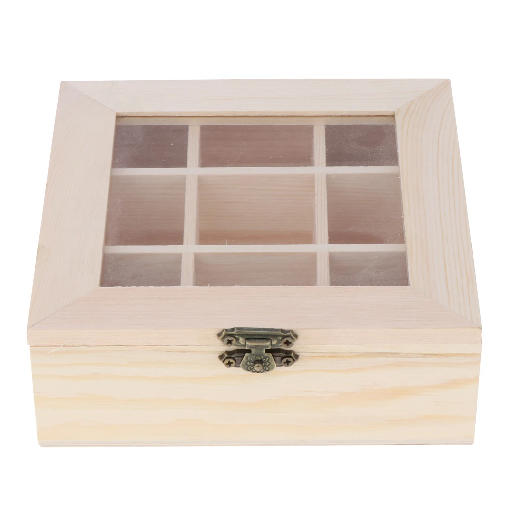 

9 Grids Unfinished Wood Stash Box, Square Unpainted Wooden Jewelry Box Storage Chest Treasure Case for DIY Crafting