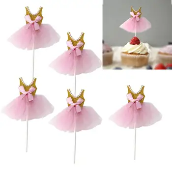 

5Pcs Glitter Princess Tutus Dress Cake Toppers Ballerina Skirt Cupcake Picks for Girls Birthday Theme Party Decoration(Golden)