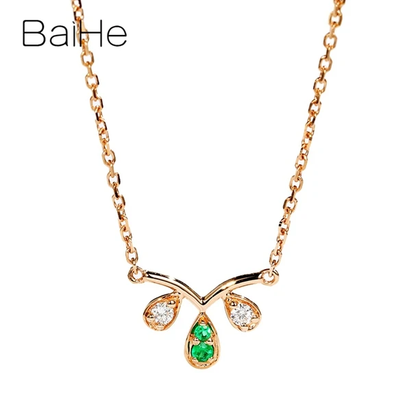 BAIHE Solid 18K розовое золото Сертифицированный 0.03ct круглый натуральный изумруды женские свадебные модные ювелирные изделия Подарочные ожерелья