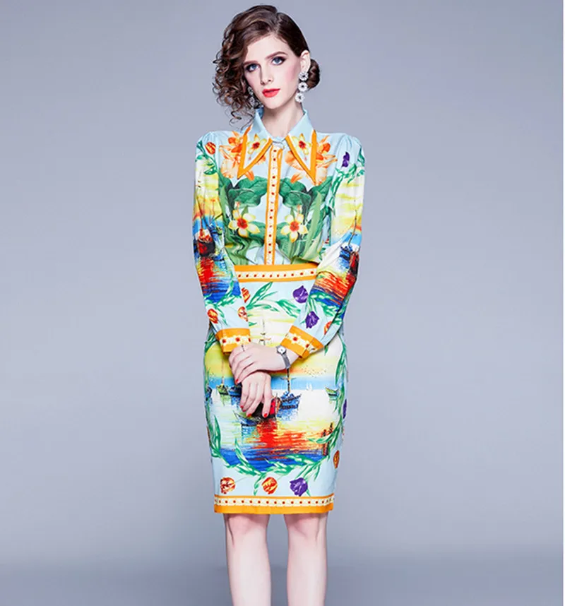 

HAMALIEL New Women's Blouse Suits Runway Autumn Floral Print Long Sleeve Shirt Tops + Vintage Bodycon Pencil Office OL Skirt Set