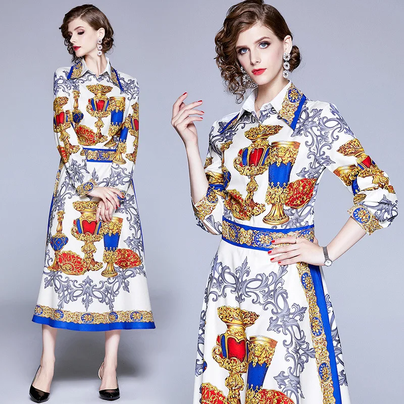 

3535 WOMEN'S Dress New Style Palace Retro Printed Waist Hugging Long Sleeve Big Hemline Mid-length Dress Europe And America