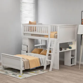 

Twin Over Twin Children Bed Modern Bunk Beds For Kids With Drawers And Shelves Loft Bed Bedroom Living Room Furniture Gray/White