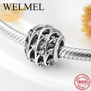 

100% Real 925 Sterling Silver Spring shoots Clear CZ Round Fine beads Fit Original European Charm Bracelet Jewelry making