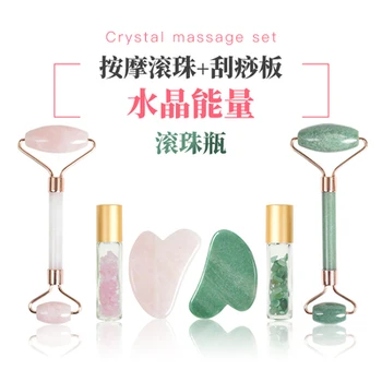 

10ml natural gemstone essential oil roller bottle with crystal,Pink Rose Quartz Jade Face Roller Facial Massager Gua Sha Tool