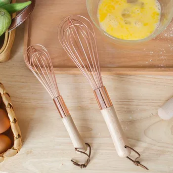 

Ins Rose Gold Manual Egg Beater Wooden Handle Stainless Steel Baking Mixer Home Kitchen Tools