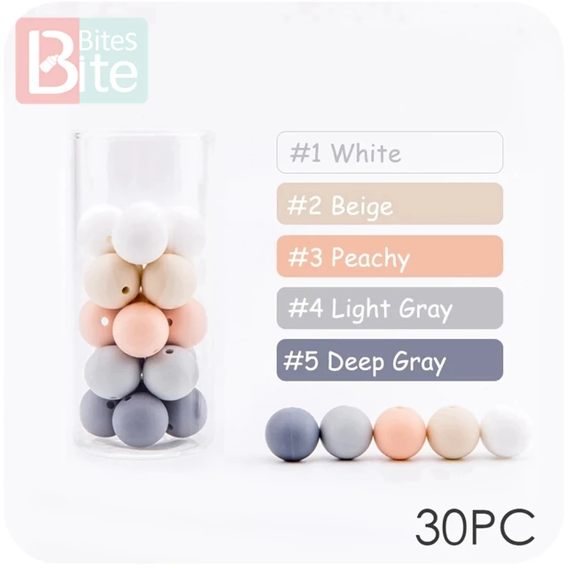 Gray-Peachy Series 30 шт. 12 мм силиконовые бусины жемчуг силиконовые пищевые, Прорезывание Зубов Бусины DIY кормящих браслет силиконовые крошечные стержни детский прорезыватель BPA бесплатно - Цвет: Gray-Peachy Series