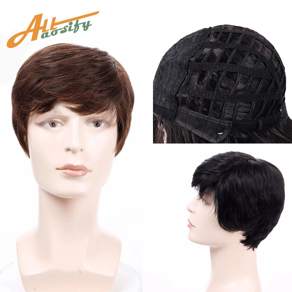 Allaosify Synthetic Short Straight Wigs for Men Natural Hair Pieces Men's Heat Resistant Fake Black Women #4 | Шиньоны и парики