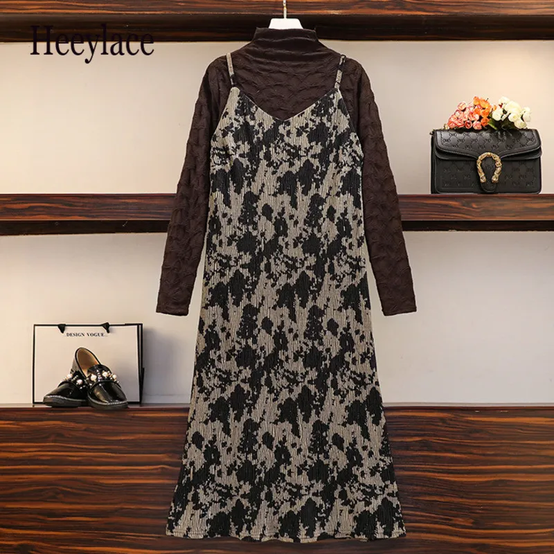 Plus Size Women Korean 2 Pieces Set Autumn Winter Retro Knitted Long Sleeve Warm Sweater + Sling Dress Office Lady Dresses |