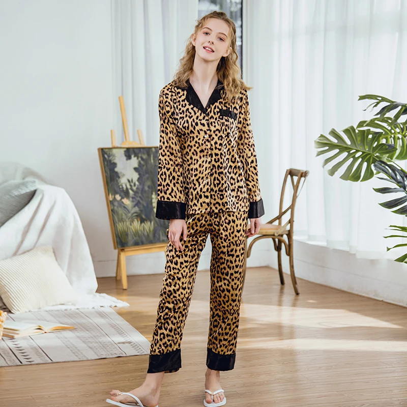

Roseheart Autumn Leopard Women's Sleep Pajama Sets Sleepwear Sexy Nightwear Suits Faux Silk Plus Size Nightgown Pocket