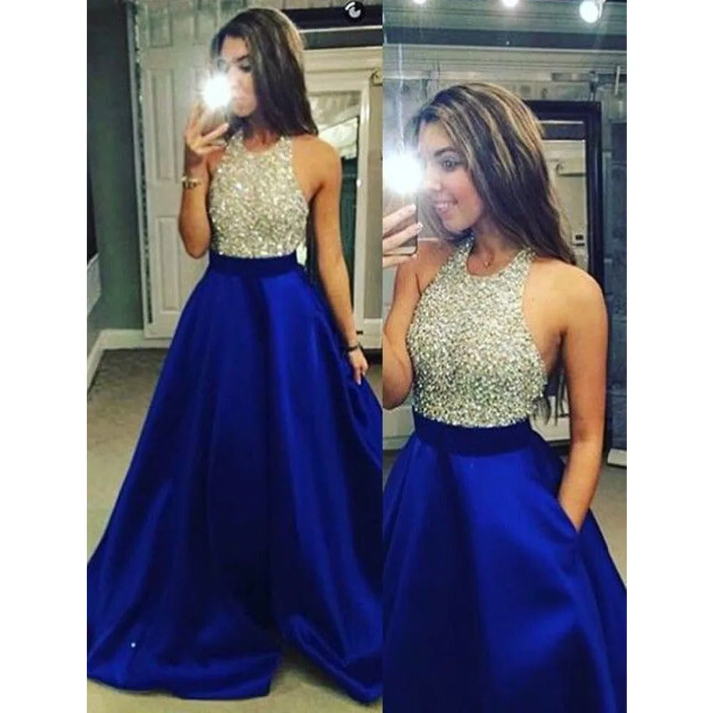 Vestido Longo, королевское синее длинное вечернее платье, винтажное платье для выпускного вечера с кристаллами, быстрая, с карманом - Цвет: same as picture