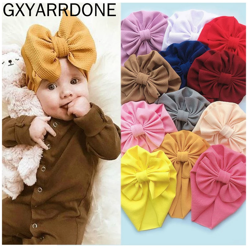 

2020 New Baby Boys Girls Knot Bows Turban Hats Toddler Waffle Beanies Hat Caps For Kids Newborn Children Bowknot Cap Accessories