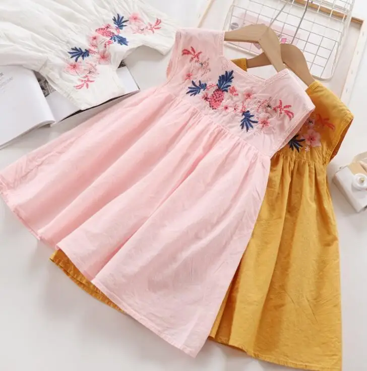 Летнее хлопковое платье принцессы с вышивкой для девочек; милое детское платье; 5 шт./партия;