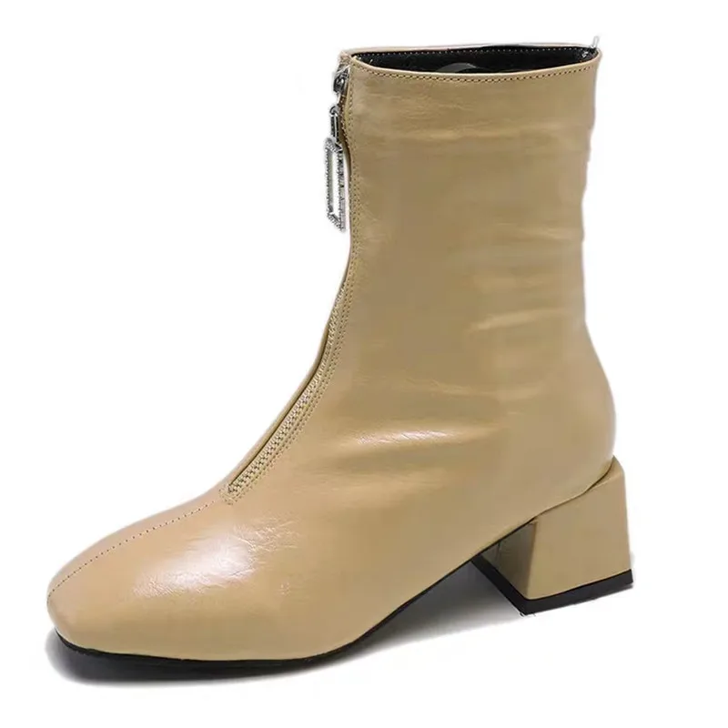 

5cm heel Women casual Boot PU Leather Ankle boots Slip on shoe for women Thick heel black Beige Color 2019 New Style