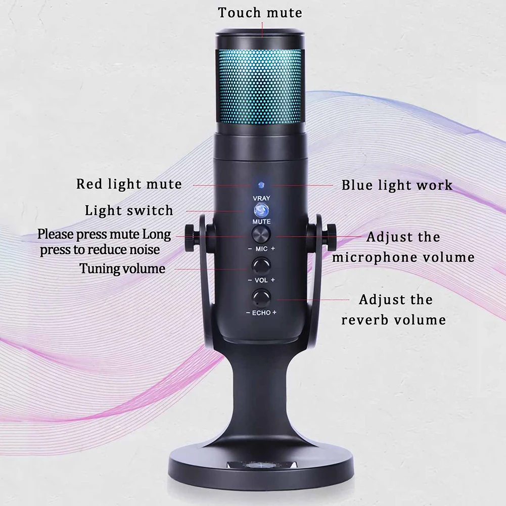 JD-950 RGB Condenser Microphone USB PC Computer Colorful Light Mic with Earphone Jack for Gaming Video Live Streaming Recording